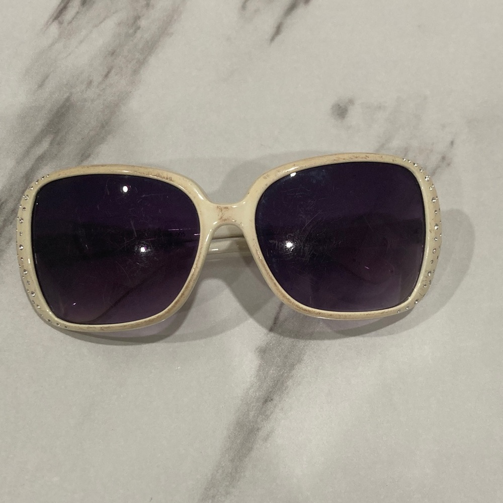White Frame Sunglasses with Purple Lenses and Crystal Accents - Picture 2 of 16